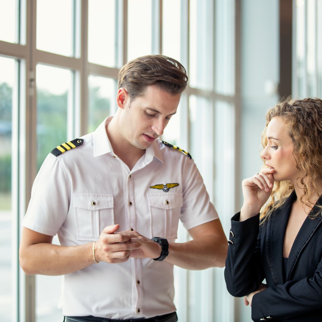 Pilot speaking with woman