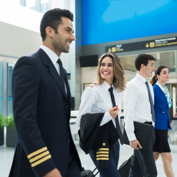 pilot and crew walking in terminal