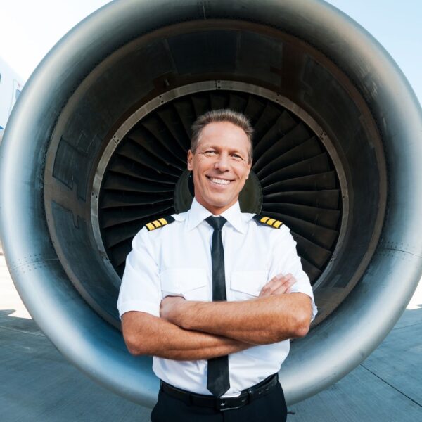 Pilot smiles in front of jet