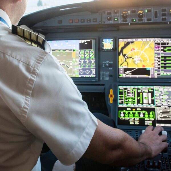 Pilot controls airplane in cockpit