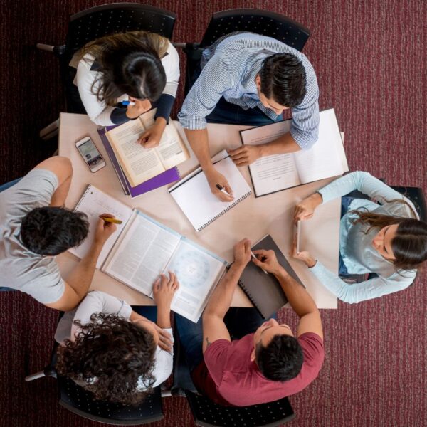 bird's-eye-view of a group of people studying