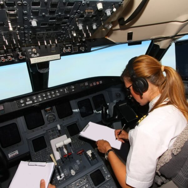 pilot and co-pilot performing a pre-flight checklist